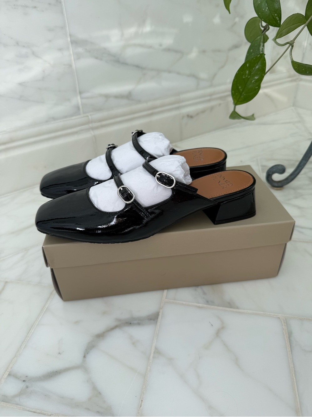Donald J. Pliner Black Patent Double-Strap Mule
